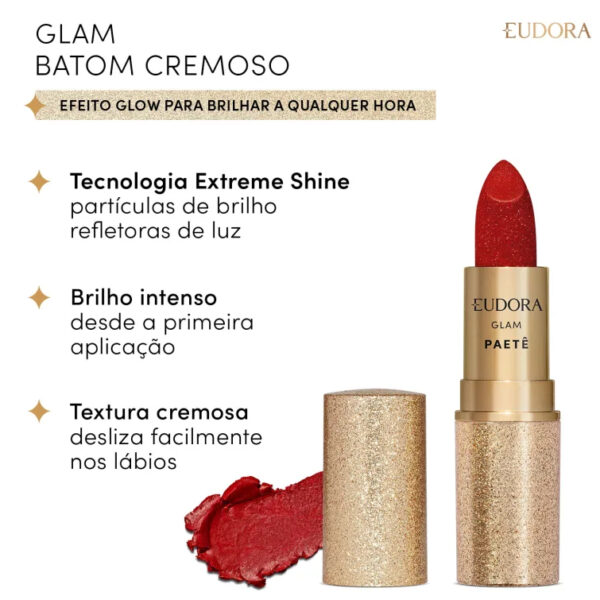 Batom Cremoso Vermelho Glam Paetê 3g - Image 3